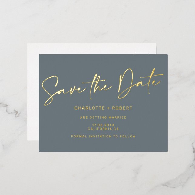 Dusty blue wedding save the date script gold foil invitation postcard (Front/Back)