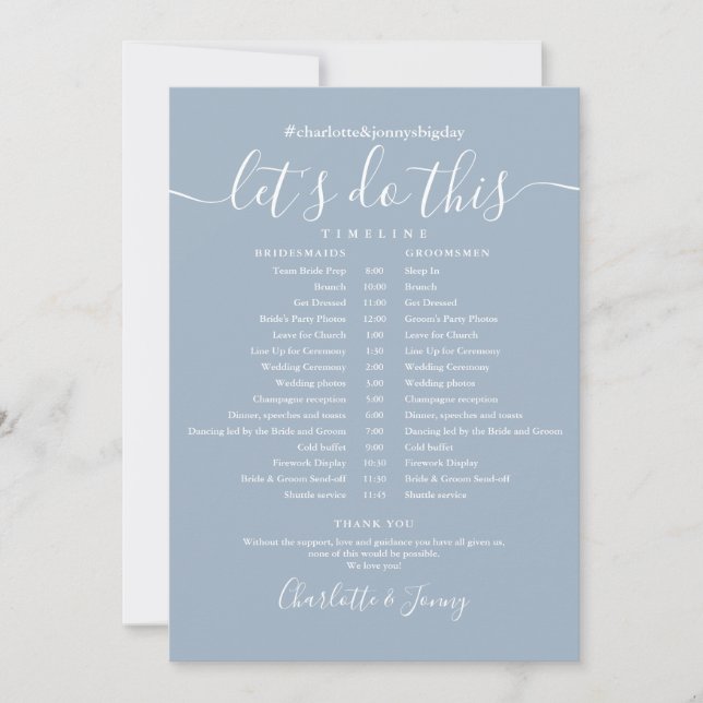 Dusty Blue Wedding Schedule Timeline Card (Front)