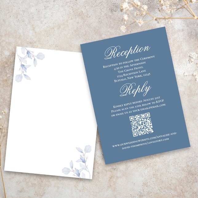 Dusty Blue Wedding Script RSVP Reception  Enclosure Card (Wedding reception and reply card with dusty blue floral design.)