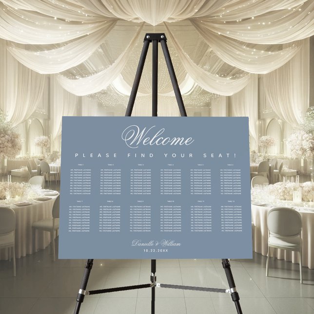 Dusty Blue Wedding Seating Chart 12 Tables Script Foam Board (Creator Uploaded)