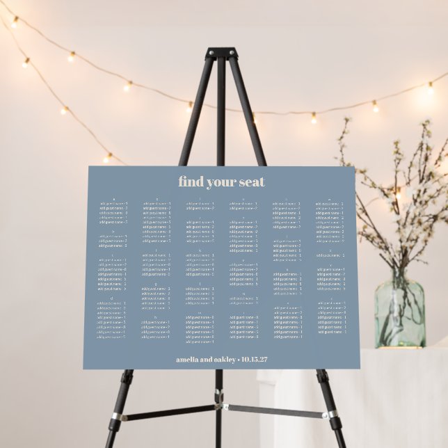 Dusty Blue Wedding Seating Chart Alphabetical Foam Board (In Situ (Stand))