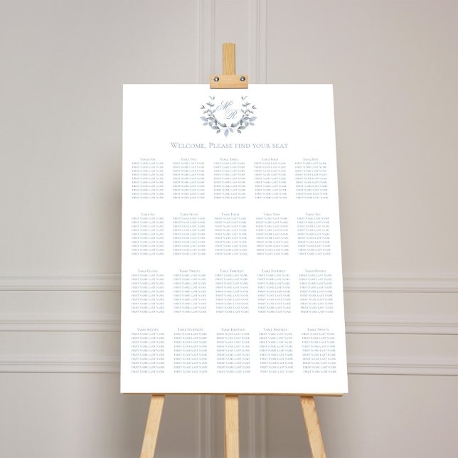 Dusty Blue Wedding Seating Chart Calligraphy  Foam Board (Dusty blue monogram motif wedding seating chart sign.)