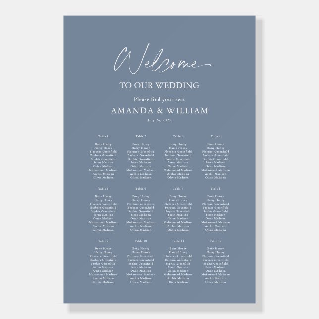 Dusty Blue Wedding Seating Chart | Minimalist Foam Board (Front)