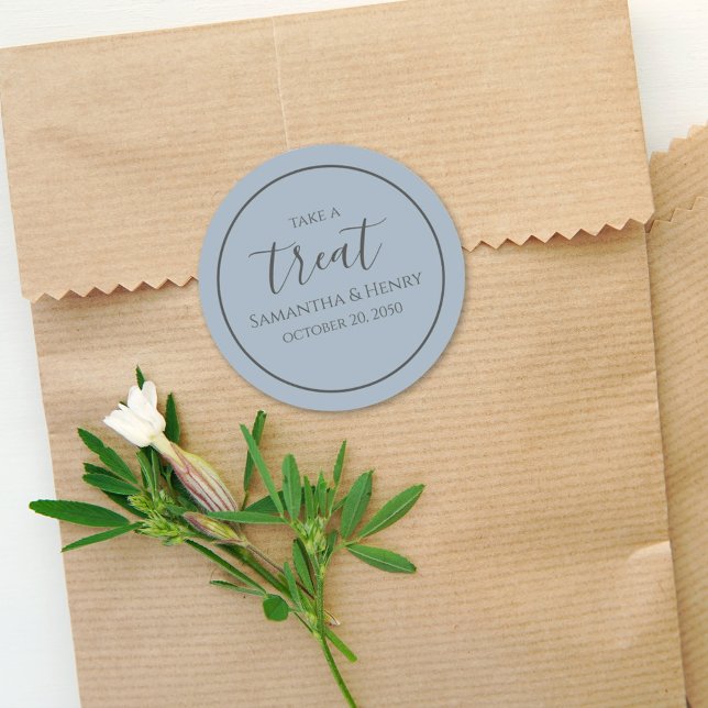 Dusty Blue Wedding Simple Calligraphy Script Treat Classic Round Sticker (Creator Uploaded)