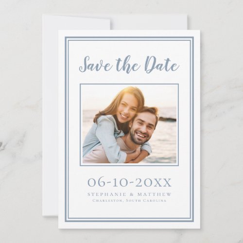 Dusty Blue Wedding Simple Engagement Photo Modern Save The Date