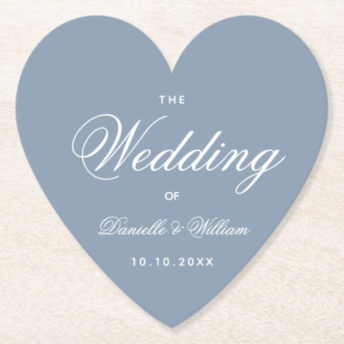 Dusty Blue Wedding Simple Heart Calligraphy Script Paper Coaster