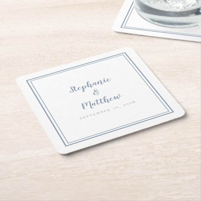 Dusty Blue Wedding Simple Modern Minimalist Party Square Paper Coaster (Angled)