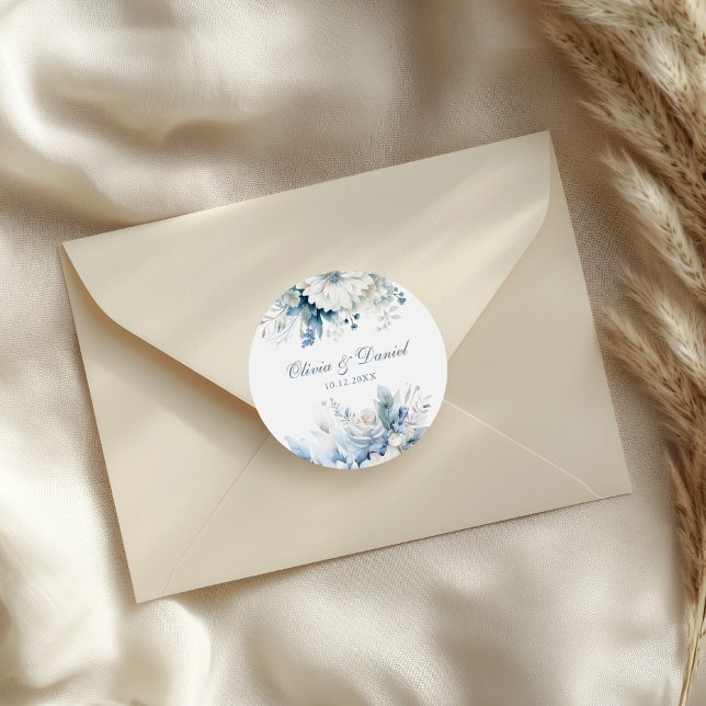 Dusty Blue Wedding Sticker Names and Date (Modern Dusty Blue Wildflowers Wedding Classic Round Sticker on a wedding envelope.)