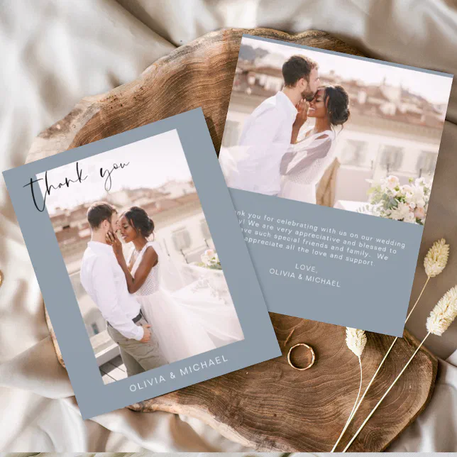 Dusty Blue Wedding Thank You Photo Minimalist Card | Zazzle