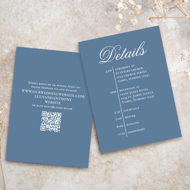 Dusty Blue Wedding Timeline Details Simple RSVP Enclosure Card (Wedding details card with simple timeline and QR code template.)