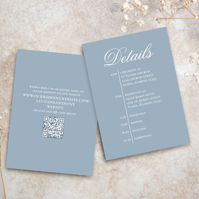 Dusty Blue Wedding Timeline Details Simple RSVP Enclosure Card (Dusty blue wedding details card template, with a scannable QR code template.)