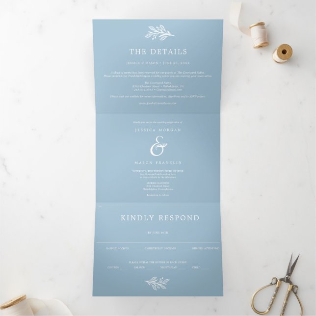 Dusty Blue Wedding Tri-Fold Invitations RSVP (Inside)
