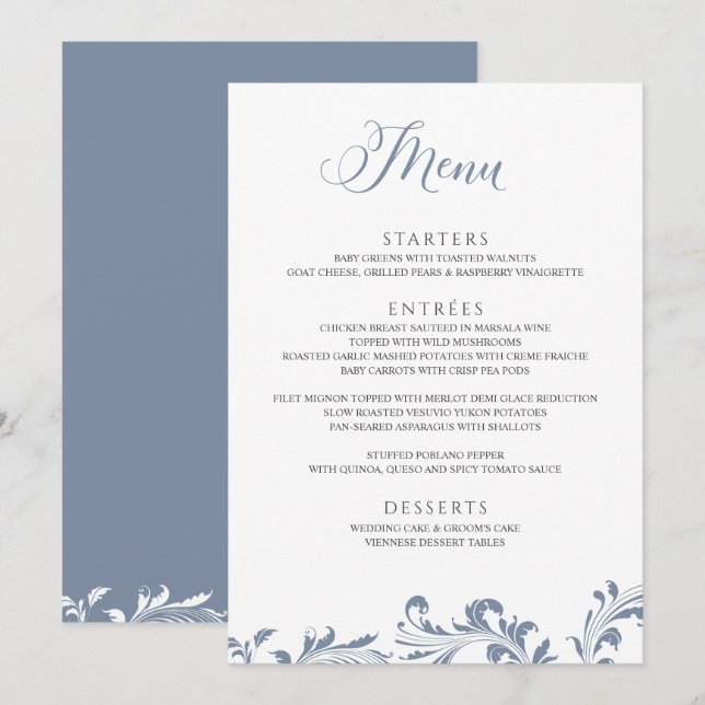 Dusty Blue Wedding Vintage Elegant Classic Menu (Front/Back)