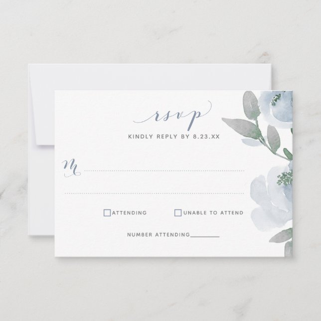 Dusty Blue Wedding Watercolor Soft Floral RSVP Card (Front)