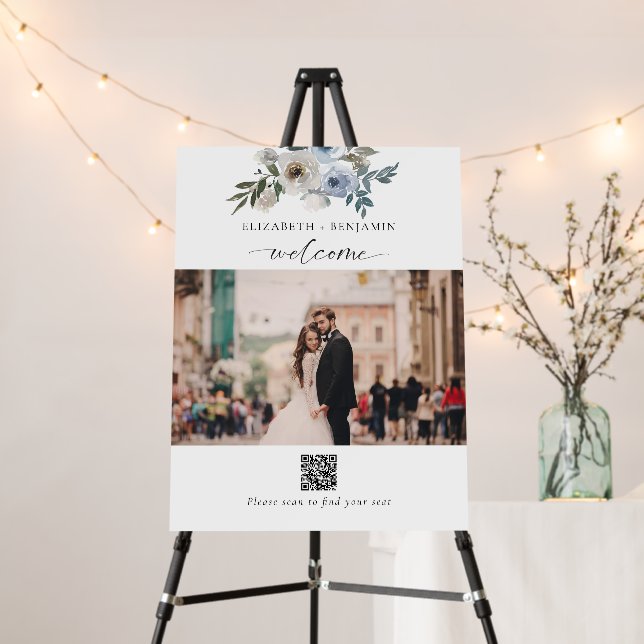 Dusty Blue Wedding Welcome Photo QR Code Foam Board (In Situ (Stand))