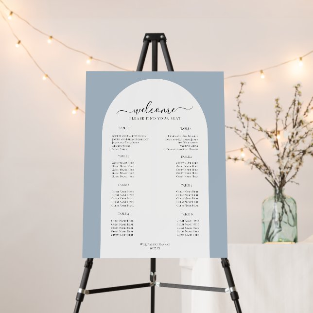 Dusty Blue Wedding Welcome Seating Chart Arch Foam Board (In Situ (Stand))