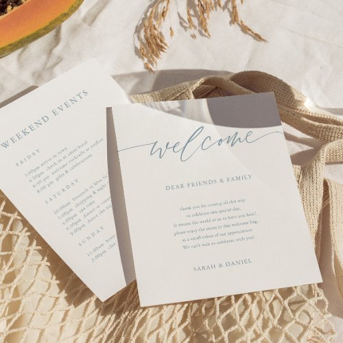 Dusty Blue Wedding Welcome Timeline Itinerary