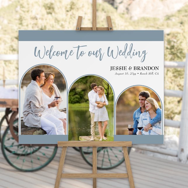 Dusty Blue Wedding Welcome Triple Arched Photos Foam Board (Wedding Welcome sign with modern arched photos,  friendly script and dusty blue color palette.)