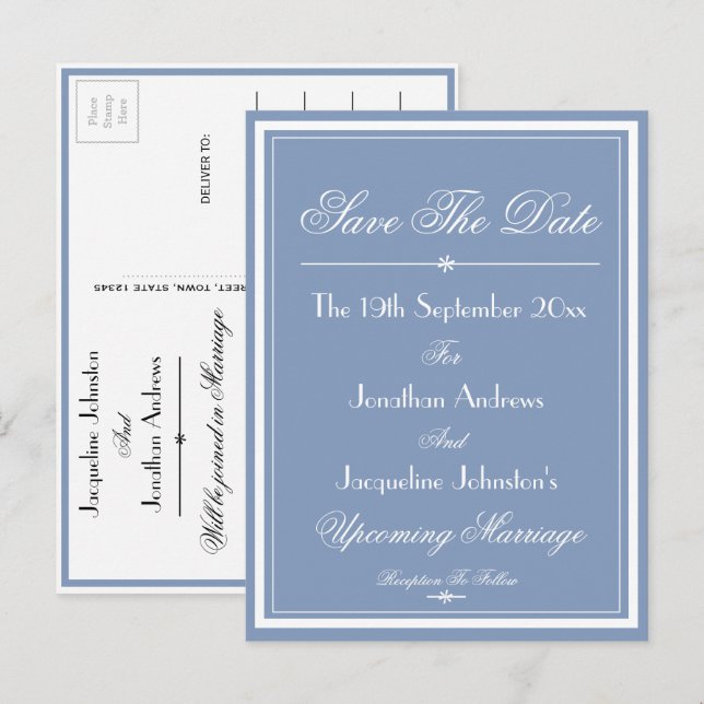 Dusty Blue Wedding White Script Save The Date  Invitation Postcard (Front/Back)