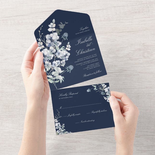 Dusty Blue Wedding Wildflower Greenery All In One  Invitation (Tearaway)