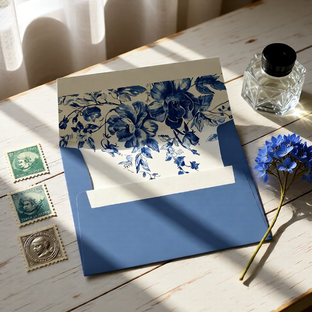 Dusty Blue Wedding with Toile Floral Envelope (Dusty Blue Wedding with Toile Floral Envelope)