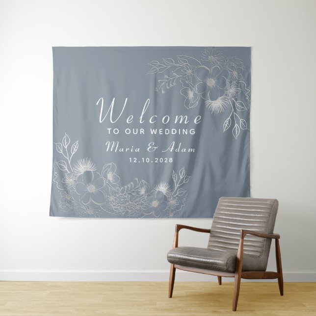 Dusty Blue Welcome Wedding Backdrop  (In Situ (Horizontal))