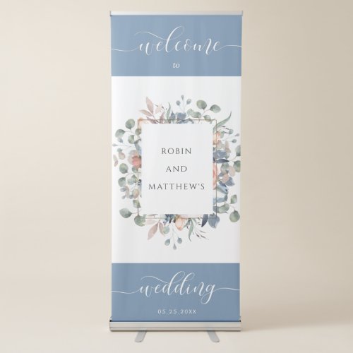Dusty Blue  Welcome Wedding Greenery Floral Retractable Banner