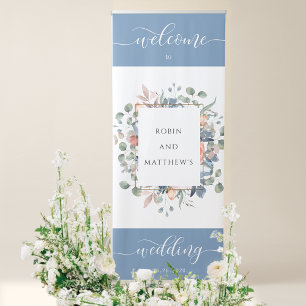 Dusty Blue, Welcome Wedding, Greenery Floral Retractable Banner