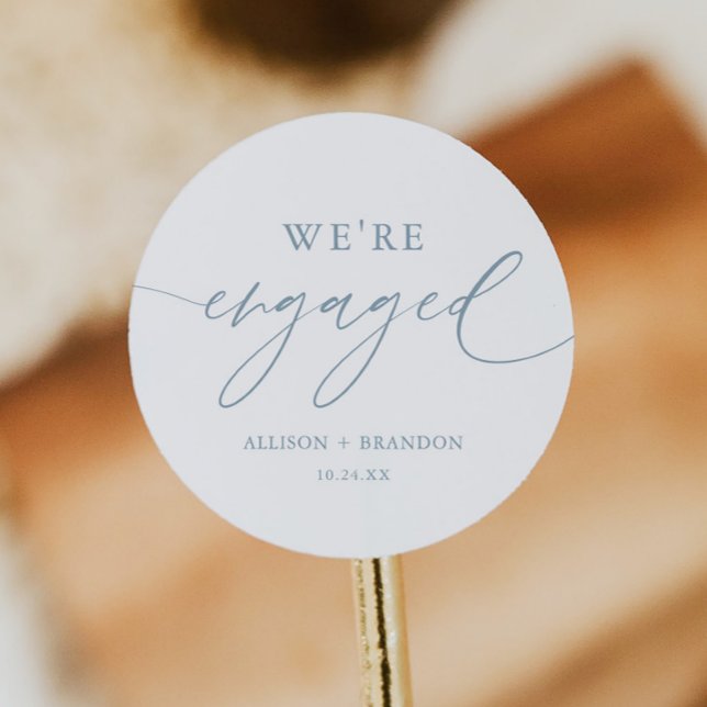Dusty Blue We're Engaged Engagement Party Favors Classic Round Sticker (Creator Uploaded)