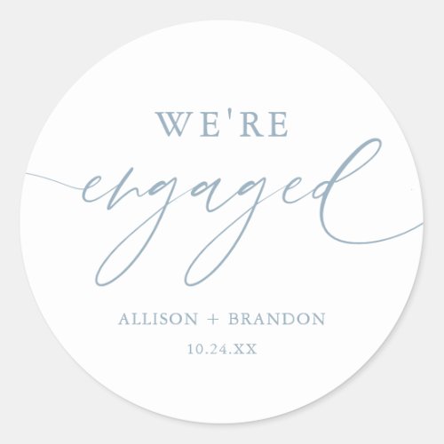 Dusty Blue Were Engaged Engagement Party Favors Classic Round Sticker