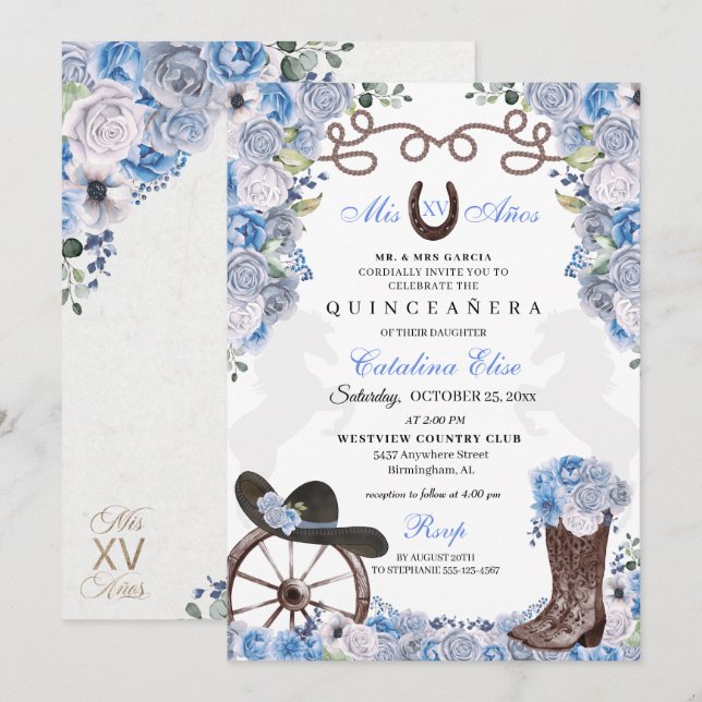 Dusty Blue Western Charra Ranchero Quinceanera Invitation (Front/Back)