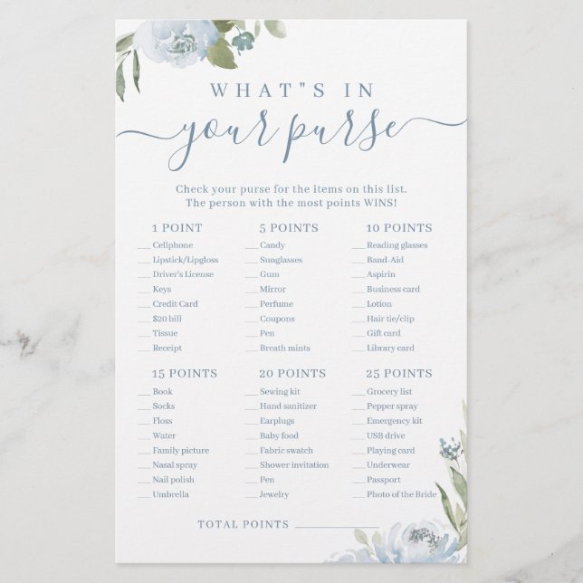 Dusty blue what's in your purse bridal shower game (Front)