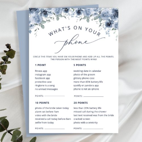 Dusty Blue Whats On Your Phone Bridal Game Cards