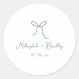 Dusty Blue Whimsical Bow Personalized Wedding Classic Round Sticker