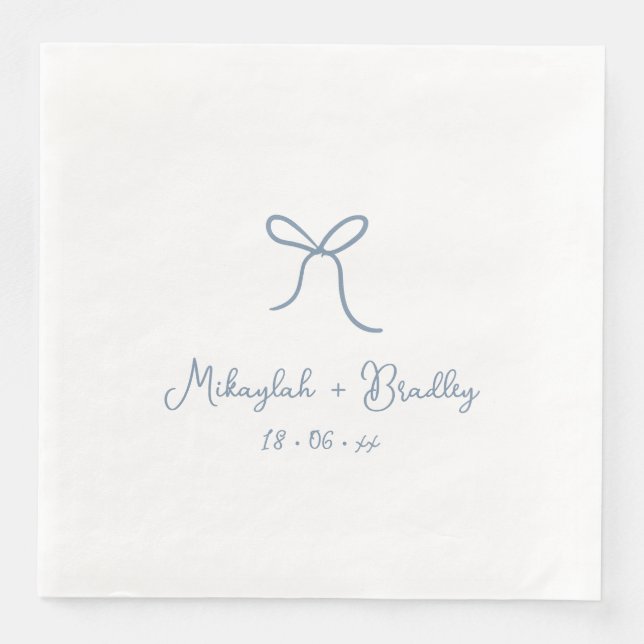 Dusty Blue Whimsical Bow Personalized Wedding  Paper Dinner Napkins (Front)