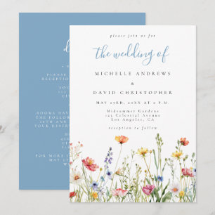 Dusty Blue Whimsical Floral All in One Wedding Invitation