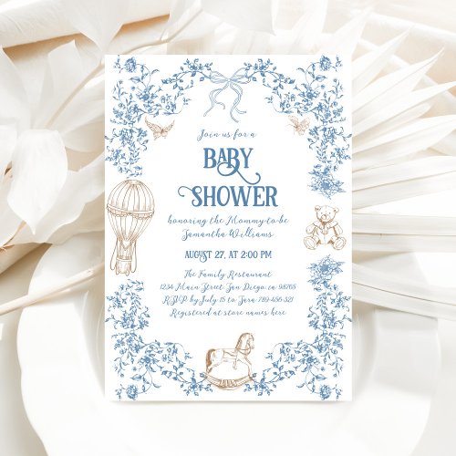 Dusty Blue Whimsical Floral Baby Shower Invitation