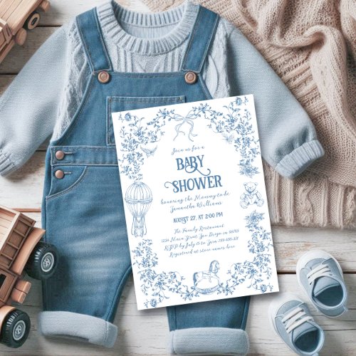 Dusty Blue Whimsical Floral Baby Shower Invitation