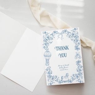 Dusty Blue Whimsical Floral Baby Shower Letterpress Thank You Card