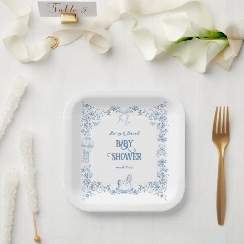 Dusty Blue Whimsical Floral Baby Shower Paper Plates