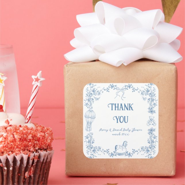 Dusty Blue Whimsical Floral Baby Shower Square Sticker (Party)