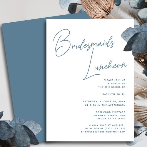 Dusty Blue Whimsical Script Bridesmaids Luncheon Invitation