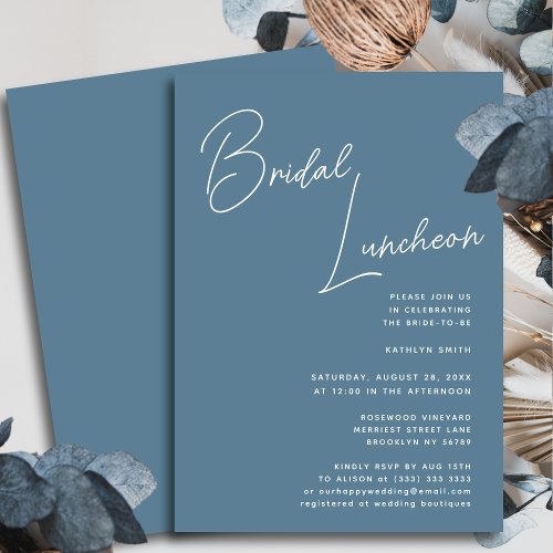 Dusty Blue Whimsical Script Chic Bridal Luncheon Invitation