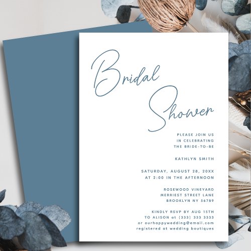 Dusty Blue Whimsical Script Chic Bridal Shower Invitation