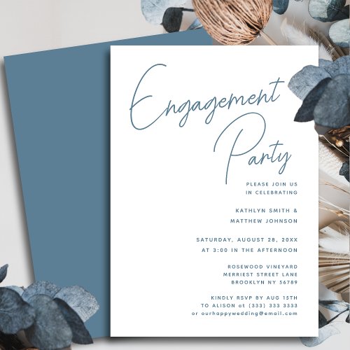 Dusty Blue Whimsical Script Chic Engagement Party Invitation