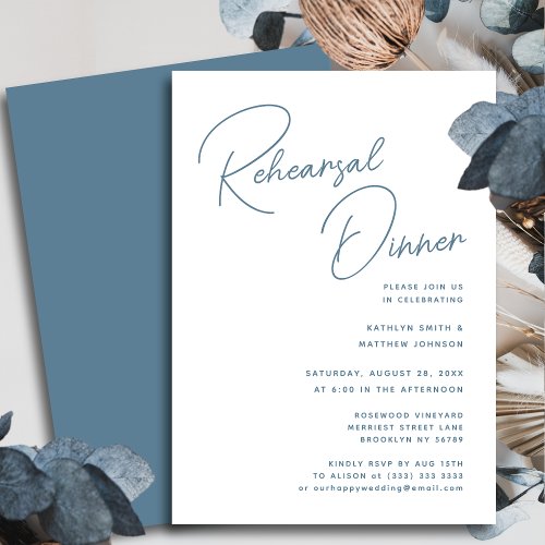 Dusty Blue Whimsical Script Chic Rehearsal Dinner Invitation