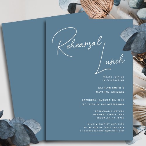 Dusty Blue Whimsical Script Chic Rehearsal Lunch Invitation