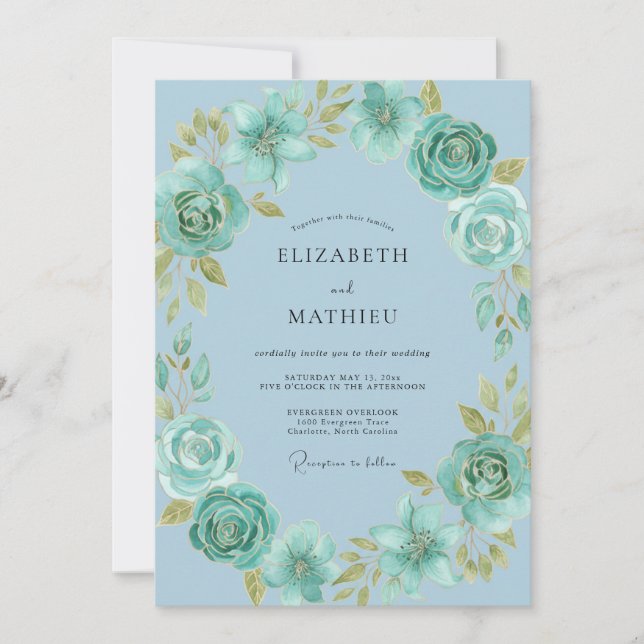 Dusty Blue Whispering Flourish Wedding Invitation (Front)