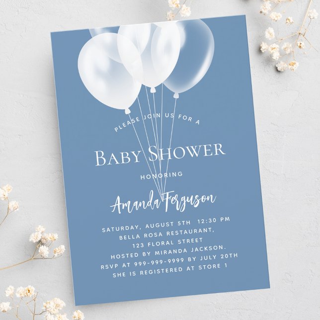 Dusty blue white balloons boy luxury baby shower invitation (Creator Uploaded)