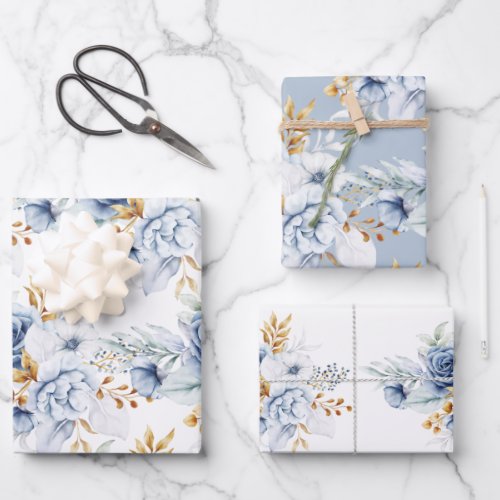 Dusty Blue White Blue Gold Floral Wedding Wrapping Paper Sheets